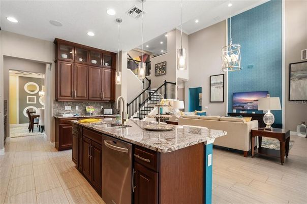 Interior, Kitchen, Living room, Pendant Lights, Recessed Lighting, Wood Texture Flooring