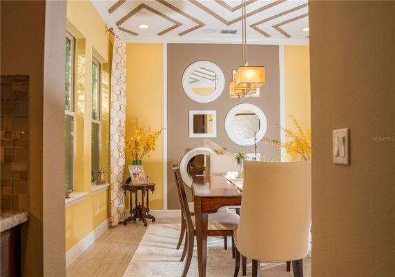 Dining room, Interior, Pendant Lights, Recessed Lighting, Wood Texture Flooring
