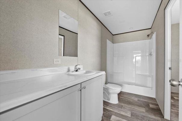 Bathroom, Interior, Recessed Lighting, Wood Texture Flooring