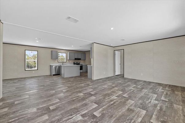 Empty room, Interior, Kitchen, Recessed Lighting, Wood Texture Flooring