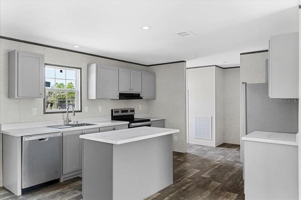 Interior, Kitchen, Recessed Lighting, Wood Texture Flooring