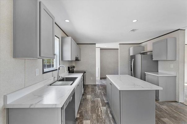 Interior, Kitchen, Recessed Lighting, Stainless Steel Appliances, Wood Texture Flooring