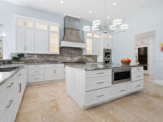Chandelier, Interior, Kitchen, Pendant Lights, Recessed Lighting, Stainless Steel Appliances