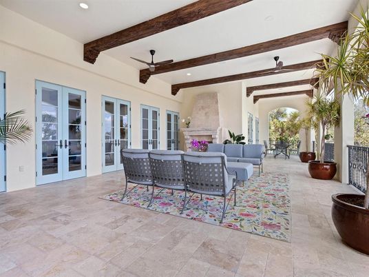 Exterior, Fireplace, Living room, Recessed Lighting, Wooden Beams