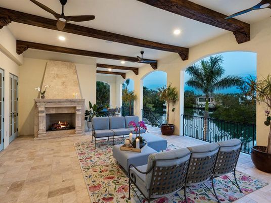 Fireplace, Interior, Living room, Recessed Lighting, Water, Wooden Beams