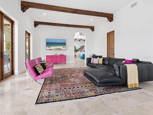 Interior, Living room, Recessed Lighting, Wooden Beams
