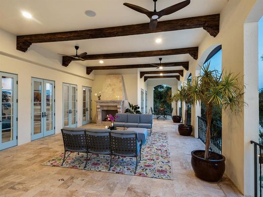 Fireplace, Interior, Living room, Recessed Lighting, Wooden Beams