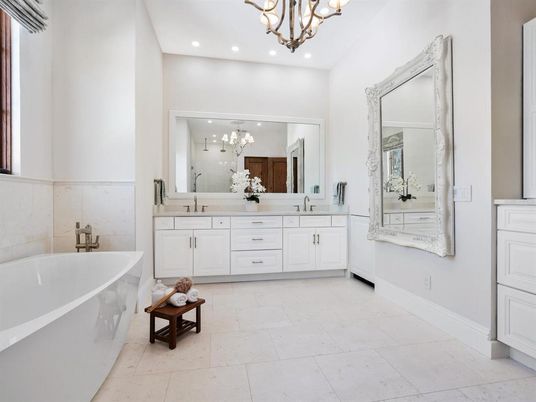Bathroom, Chandelier, Dual Sink Vanities, Free Standing Baths, Interior, Recessed Lighting