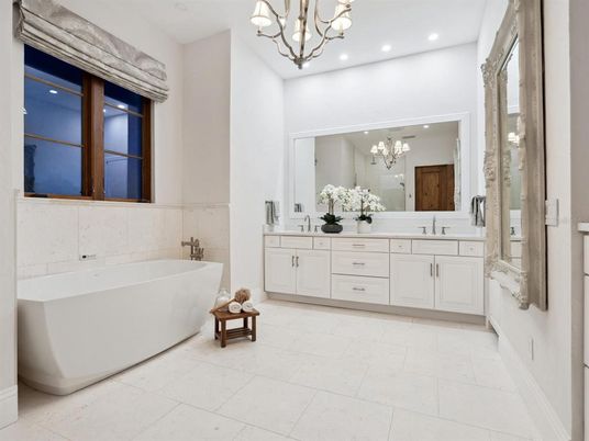 Bathroom, Chandelier, Dual Sink Vanities, Free Standing Baths, Interior, Recessed Lighting