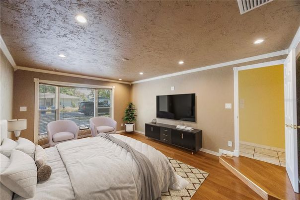 Bedroom, Interior, Recessed Lighting, Wood Texture Flooring