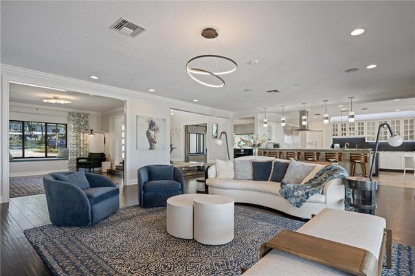 Interior, Kitchen, Living room, Pendant Lights, Recessed Lighting, Wood Texture Flooring