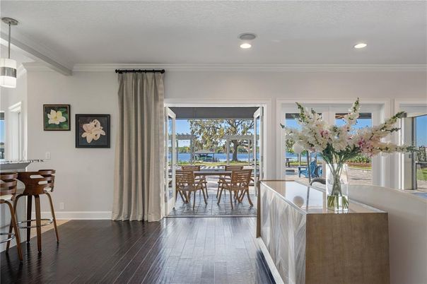 Dining room, Interior, Pendant Lights, Recessed Lighting, Wood Texture Flooring