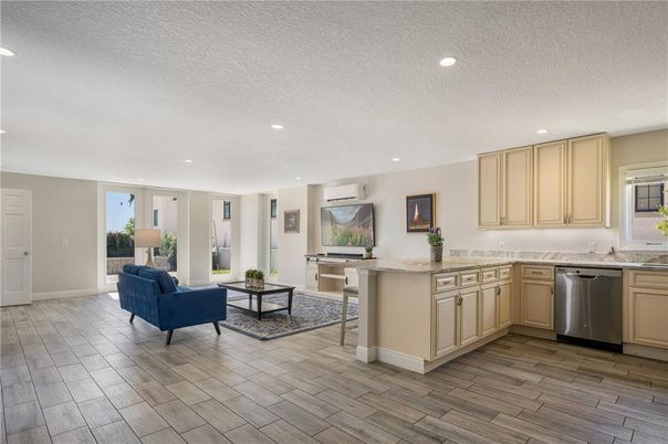 Interior, Kitchen, Living room, Recessed Lighting, Stainless Steel Appliances, Wood Texture Flooring
