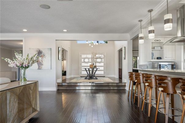 Interior, Kitchen, Pendant Lights, Recessed Lighting, Wood Texture Flooring