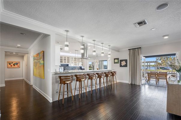 Dining room, Interior, Kitchen, Pendant Lights, Recessed Lighting, Wood Texture Flooring
