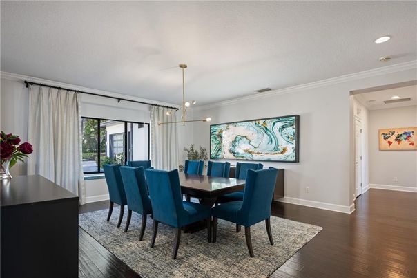 Dining room, Interior, Pendant Lights, Recessed Lighting, Wood Texture Flooring