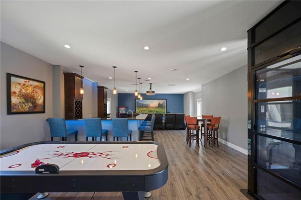 Dining room, Game Room, Interior, Pendant Lights, Recessed Lighting, Wood Texture Flooring