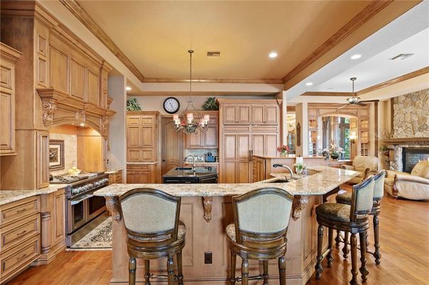 Interior, Kitchen, Stainless Steel Appliances, Stone Walls, Wood Texture Flooring
