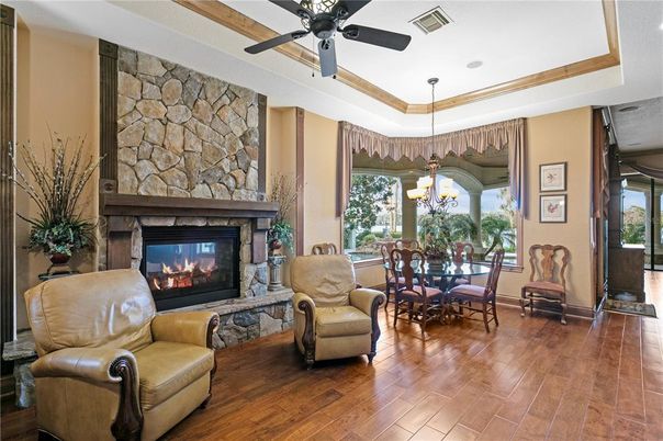 Dining room, Fireplace, Interior, Stone Walls, Wood Texture Flooring