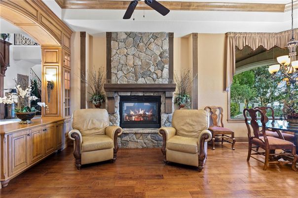Dining room, Fireplace, Interior, Stone Walls, Wood Texture Flooring