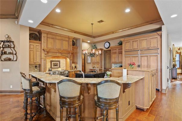 Chandelier, Interior, Kitchen, Pendant Lights, Recessed Lighting, Stainless Steel Appliances, Wood Texture Flooring
