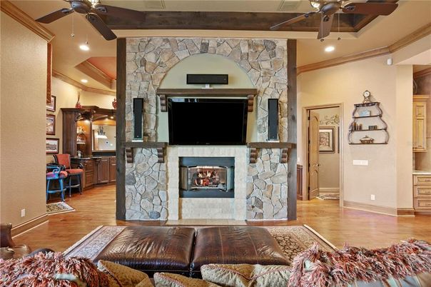 Fireplace, Interior, Recessed Lighting, Stone Walls, Wooden Beams, Wood Texture Flooring