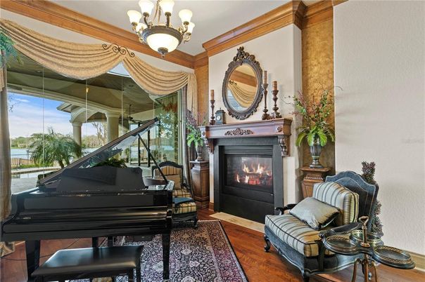 Chandelier, Fireplace, Interior, Piano, Wood Texture Flooring