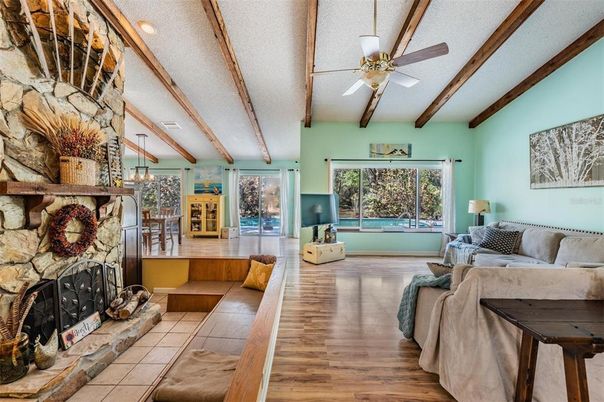Fireplace, Interior, Living room, Stone Walls, Wooden Beams, Wood Texture Flooring