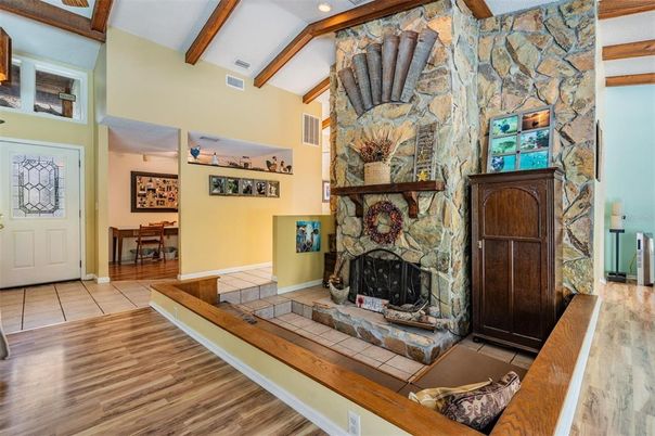 Fireplace, Interior, Stone Walls, Wooden Beams, Wood Texture Flooring
