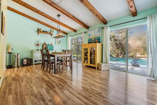 Dining room, Interior, Pendant Lights, Wooden Beams, Wood Texture Flooring