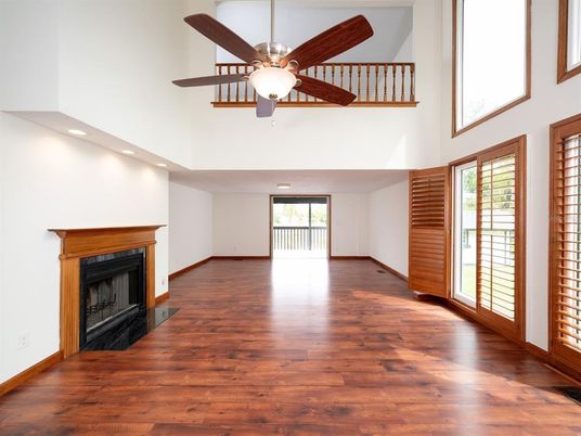Empty room, Fireplace, Interior, Recessed Lighting, Wood Texture Flooring
