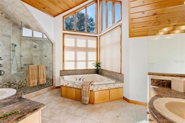 Bathroom, Dual Sink Vanities, Glass Shower, Interior, Tile Countertops, Wooden Ceilings