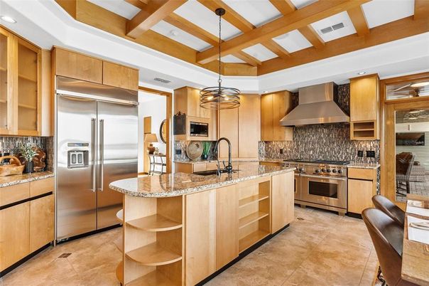 Interior, Kitchen, Pendant Lights, Recessed Lighting, Stainless Steel Appliances, Wooden Beams