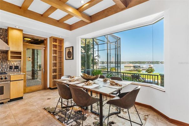 Dining room, Interior, Kitchen, Recessed Lighting, Stainless Steel Appliances, Water, Wooden Beams