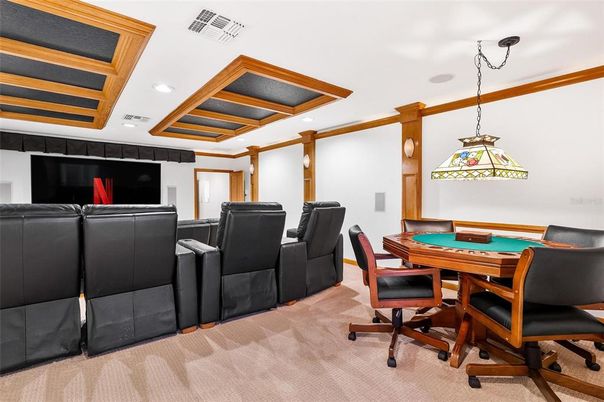 Billiard Table, Home Theatre Room, Game Room, Interior, Pendant Lights, Projection Screen, Recessed Lighting, Theatre Room