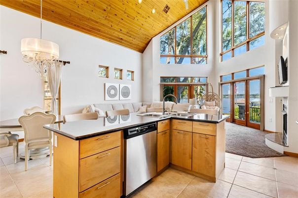 Fireplace, Interior, Kitchen, Pendant Lights, Wooden Ceilings
