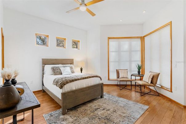 Bedroom, Interior, Recessed Lighting, Wood Texture Flooring
