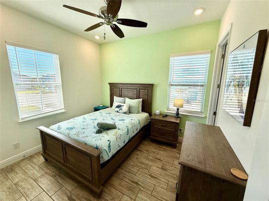 Bedroom, Interior, Recessed Lighting, Wood Texture Flooring