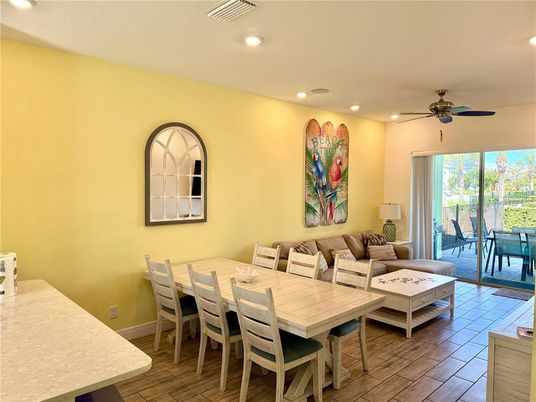 Dining room, Interior, Living room, Recessed Lighting, Wood Texture Flooring