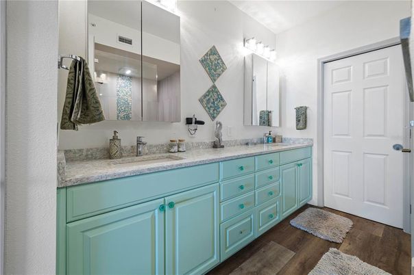 Bathroom, Dual Sink Vanities, Interior, Wood Texture Flooring