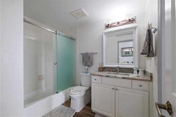 Bathroom, Glass Shower, Interior, Wood Texture Flooring