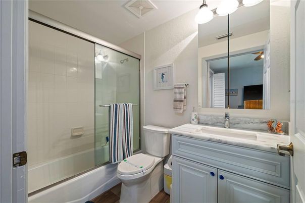 Bathroom, Glass Shower, Interior, Wood Texture Flooring