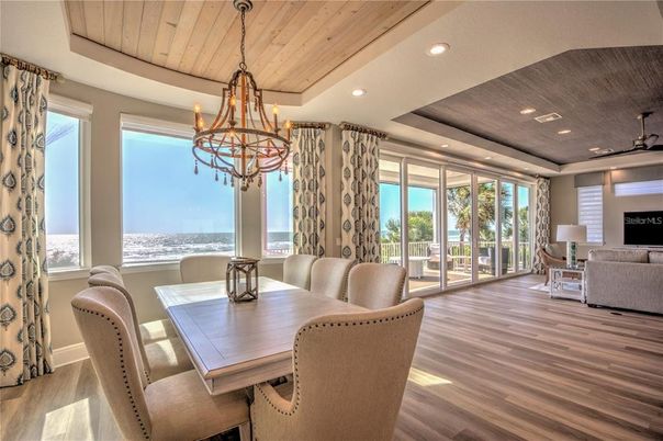 Chandelier, Dining room, Interior, Living room, Recessed Lighting, Wooden Ceilings, Wood Texture Flooring