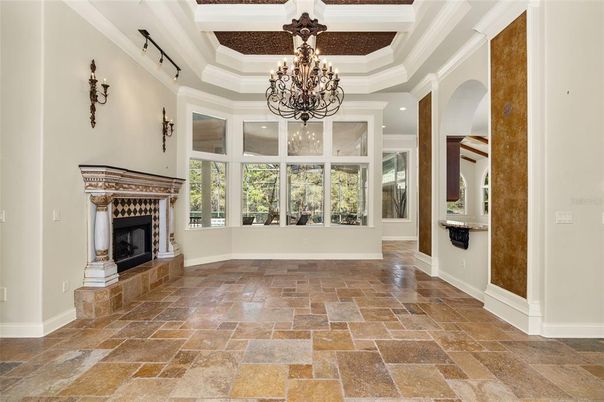 Chandelier, Fireplace, Interior