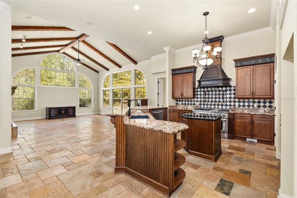 Chandelier, Interior, Kitchen, Pendant Lights, Recessed Lighting, Stainless Steel Appliances, Wooden Beams