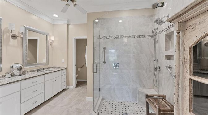 Bathroom, Dual Sink Vanities, Glass Shower, Interior, Recessed Lighting
