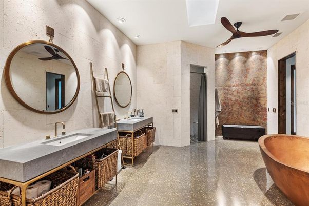 Bathroom, Dual Sink Vanities, Free Standing Baths, Interior, Recessed Lighting, Stone Walls