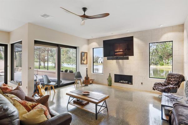 Fireplace, Interior, Living room, Recessed Lighting, Stone Walls