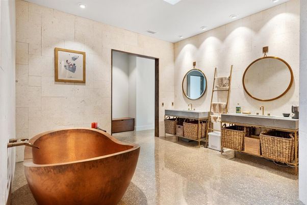Bathroom, Dual Sink Vanities, Free Standing Baths, Interior, Recessed Lighting, Stone Walls