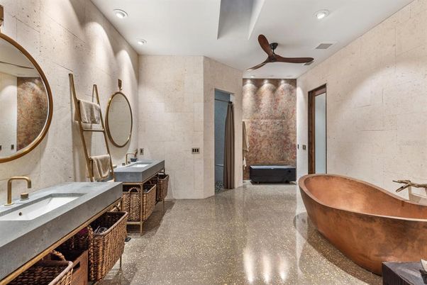 Bathroom, Dual Sink Vanities, Free Standing Baths, Interior, Recessed Lighting, Stone Walls